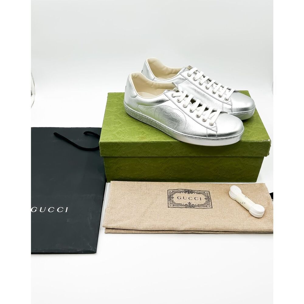 Gucci New GG Ace Silver Sneakers Interlocking G Trainers Mens